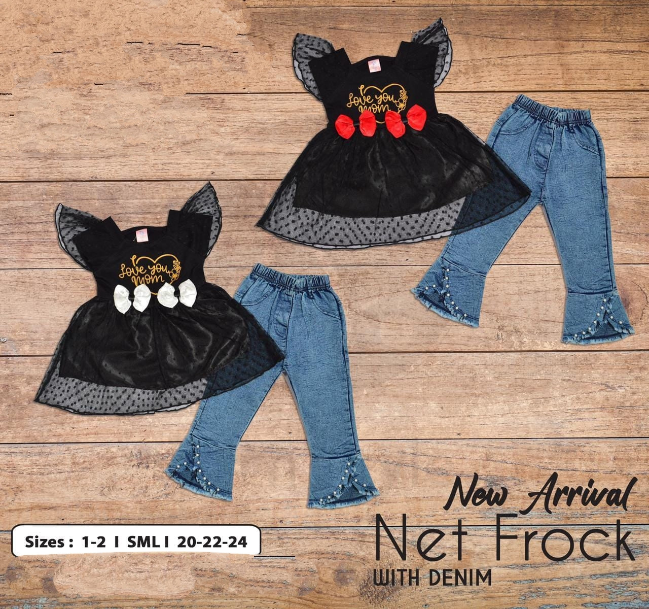 TST Black Net Frock Rose Bow With Blue Denim Pants 5171